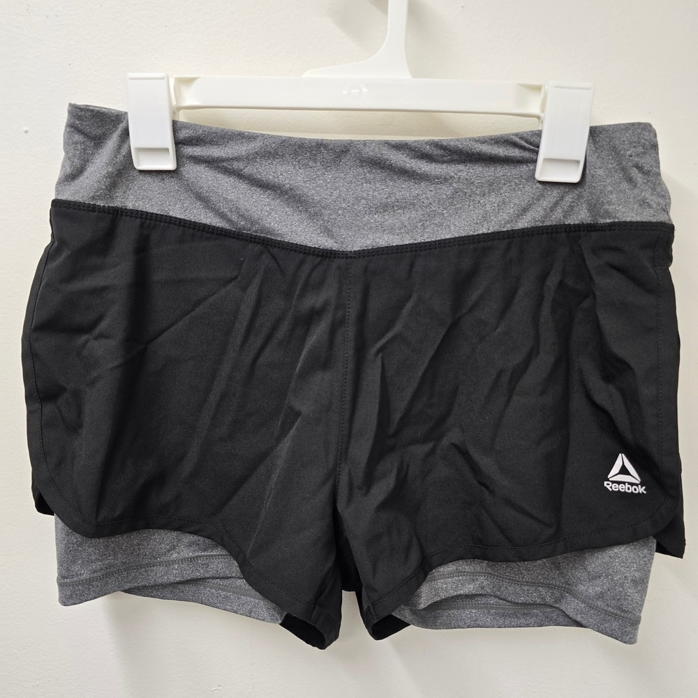 Reebok Womens 2-in-1 Running Shorts Medium Black Grey Athletic Gym Shorts